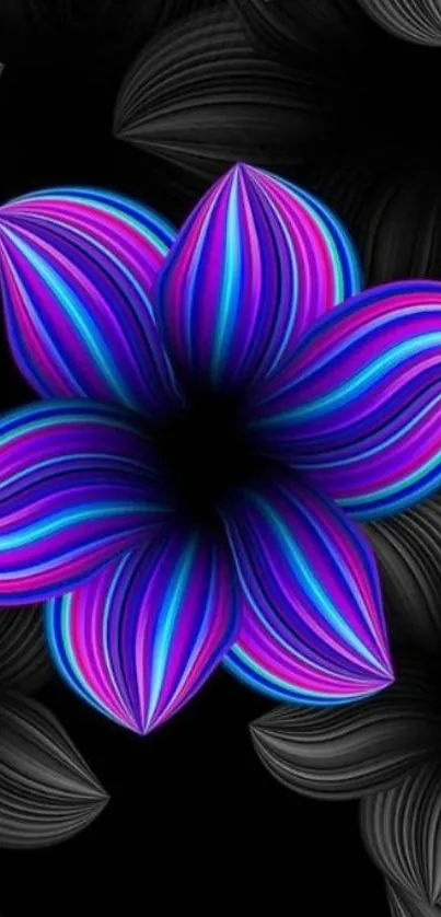 Vibrant neon flower with glowing petals on dark background.