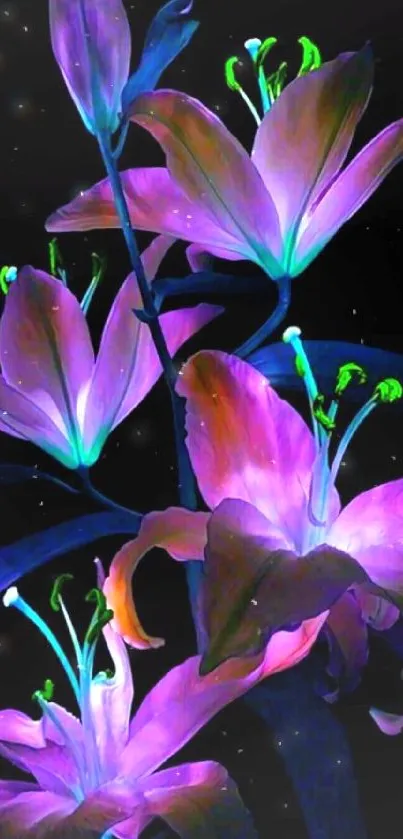 Neon lilies on black background mobile wallpaper.