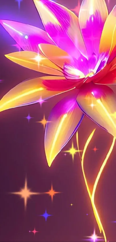 Vibrant neon flower glowing in purple and gold hues, digital art wallpaper.