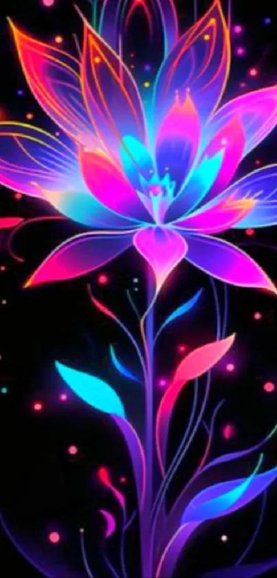 Vibrant neon flower with glowing petals on a black background.