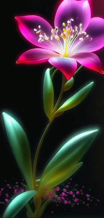 Vibrant neon flower with glowing petals on a dark background.