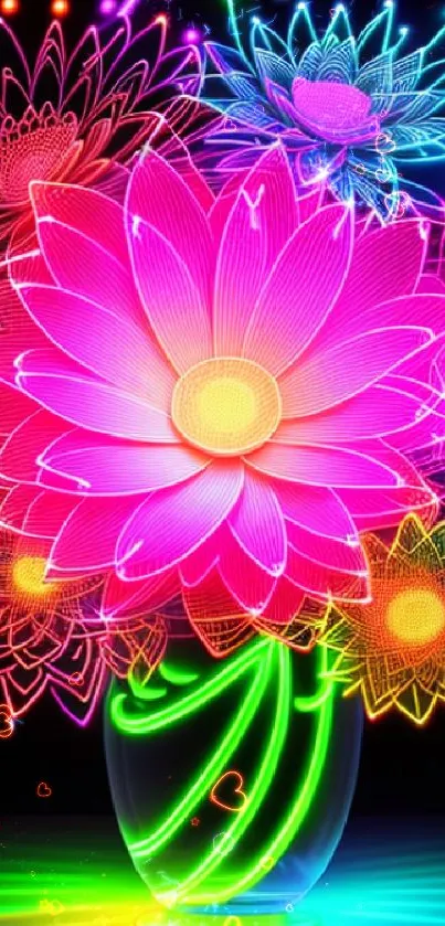 Neon flower digital art with vibrant colors in an illuminated vase.