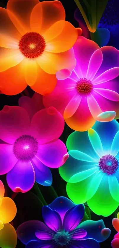 Vibrant neon flowers on a dark background wallpaper.