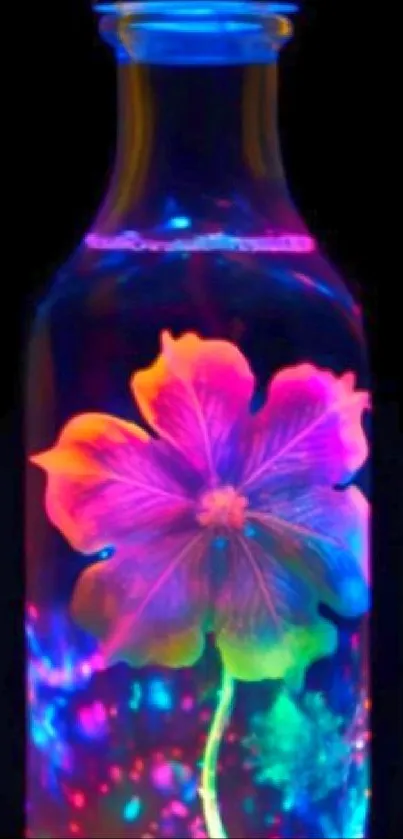 Vibrant neon flower glowing inside a bottle against a dark background.