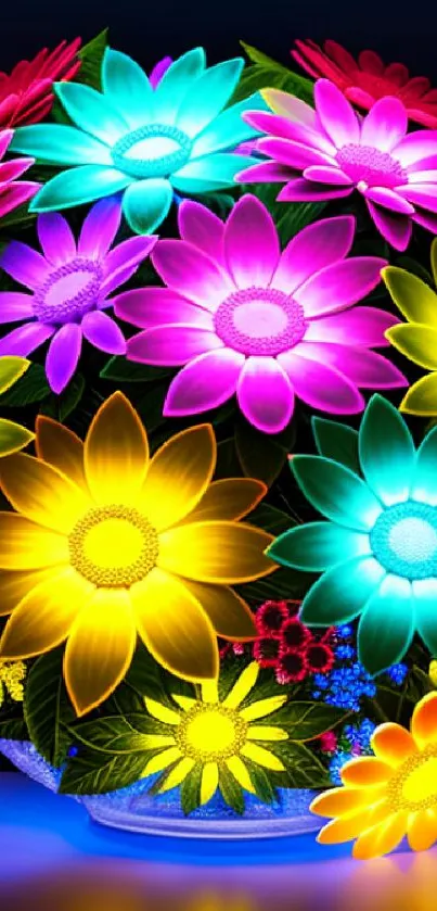 Vibrant neon flowers forming a bright and colorful bouquet on dark backdrop.