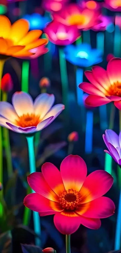 Neon flowers glowing vibrantly at night.