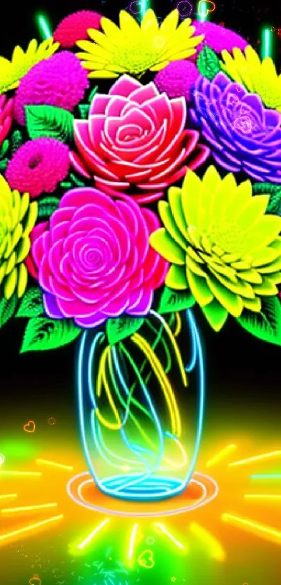 Neon flower bouquet wallpaper with vibrant glowing colors.