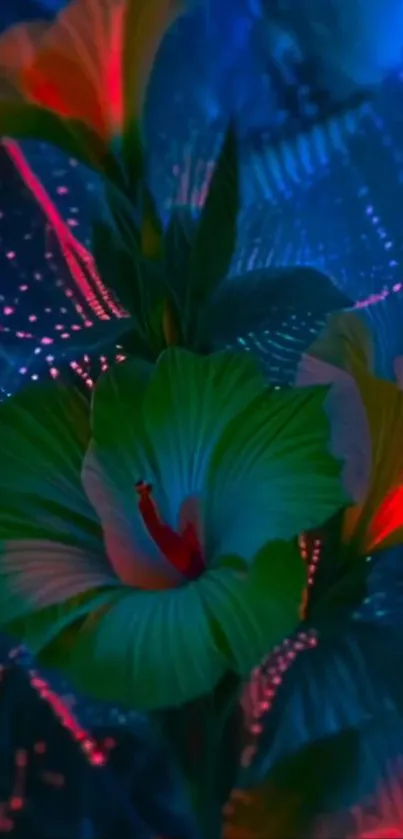 Neon-lit tropical flower in vibrant colors.