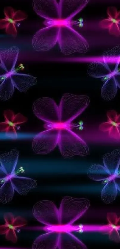 Vibrant neon flower pattern wallpaper with geometric design.