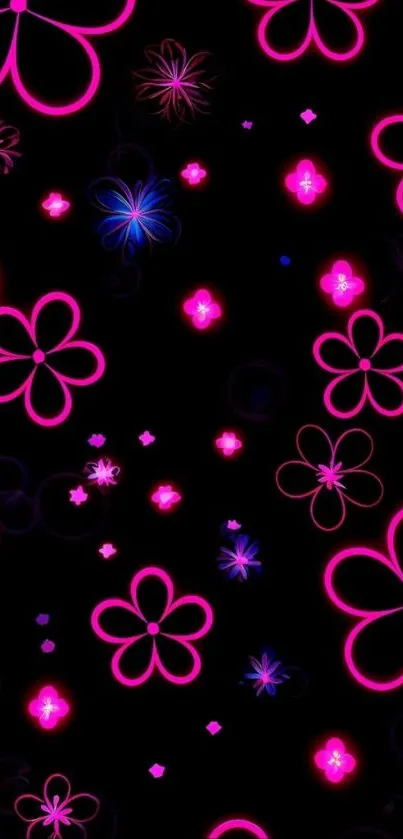 Vibrant neon flower pattern on dark background.
