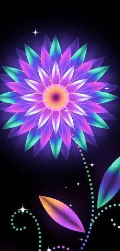 Vibrant neon flower with purple and teal hues on a dark background.