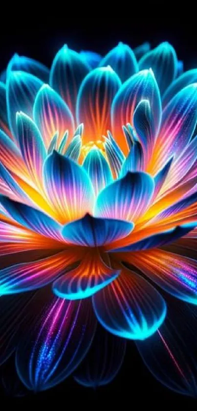 Neon flower with vibrant glowing petals on dark background.