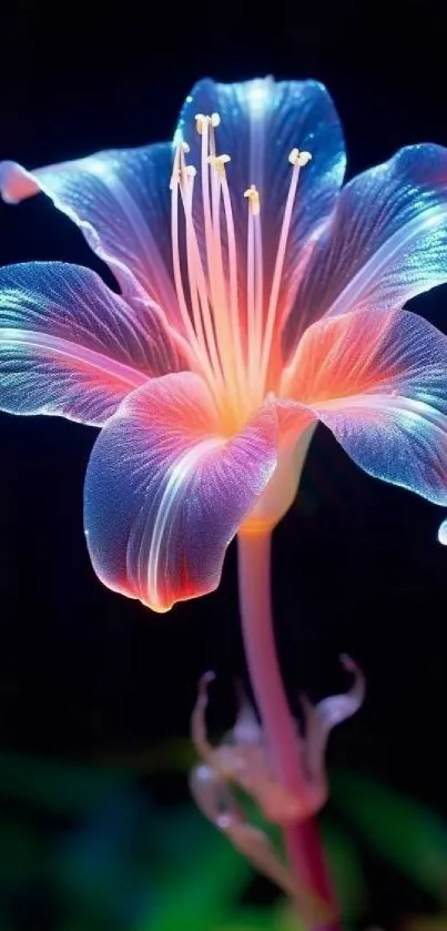 Glowing neon flower with vibrant colors on a black background.