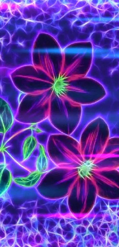 Colorful neon flowers on a vibrant purple background.