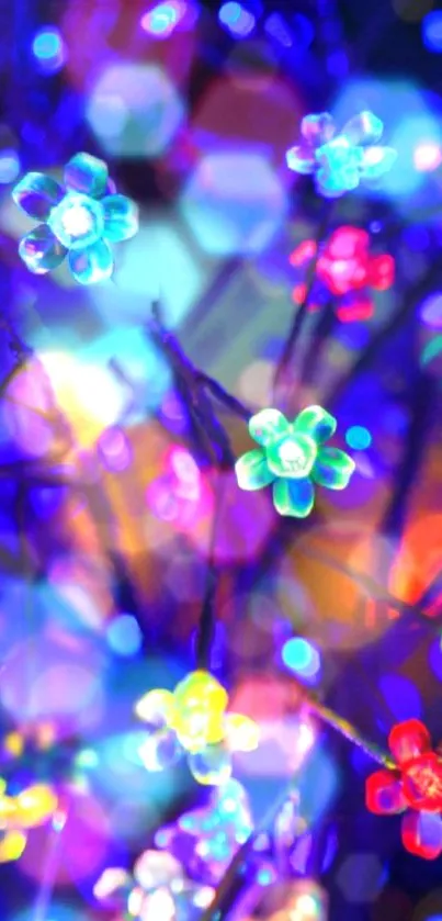 Vibrant neon flowers with glowing colors and artistic bokeh effect in a digital wallpaper.