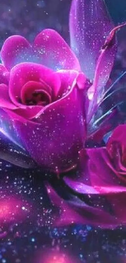 Neon pink roses with glowing purple hue