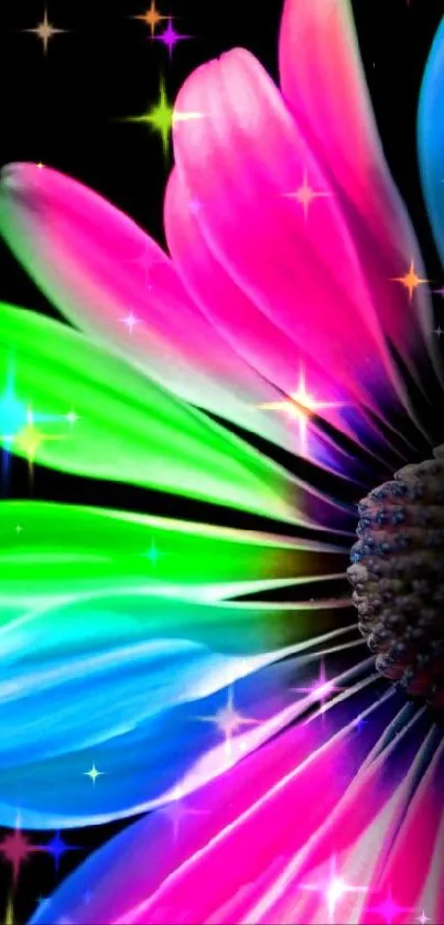 Vibrant neon flower wallpaper with colorful petals on black background.