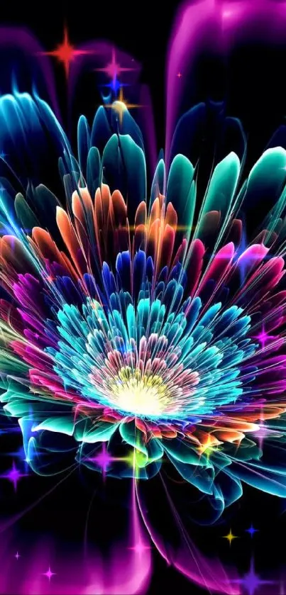 Vibrant neon flower wallpaper with glowing colors on a black background.