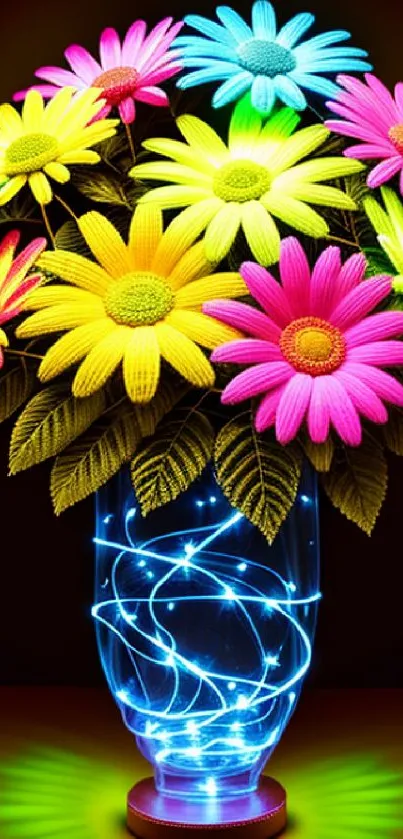 A vase of vibrant neon daisies glowing in diverse bright colors.