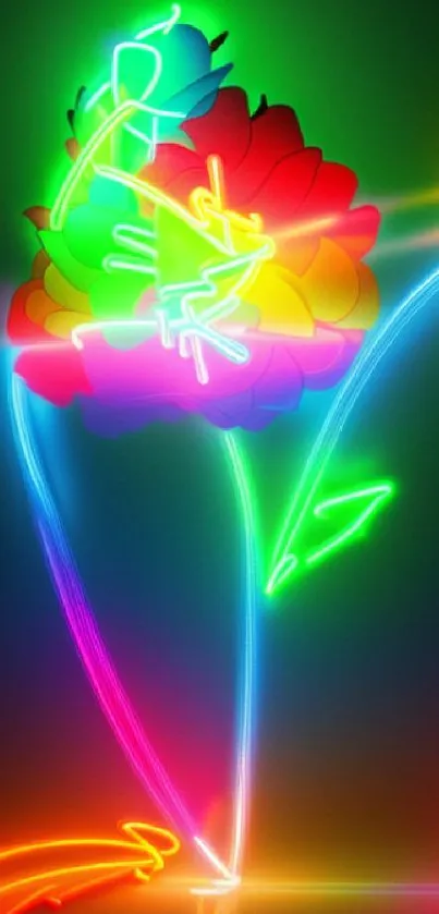 Vibrant neon flower with colorful petals glowing in the dark.