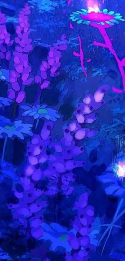 Vibrant neon floral design with glowing plants in blues and purples