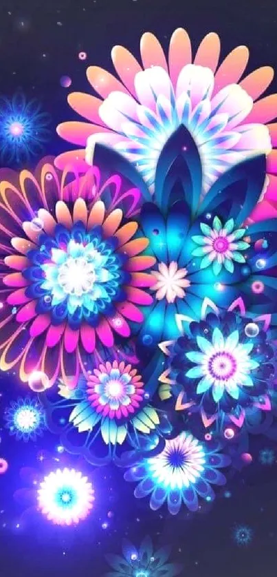 Colorful neon flower wallpaper design with vibrant petals and intricate patterns.