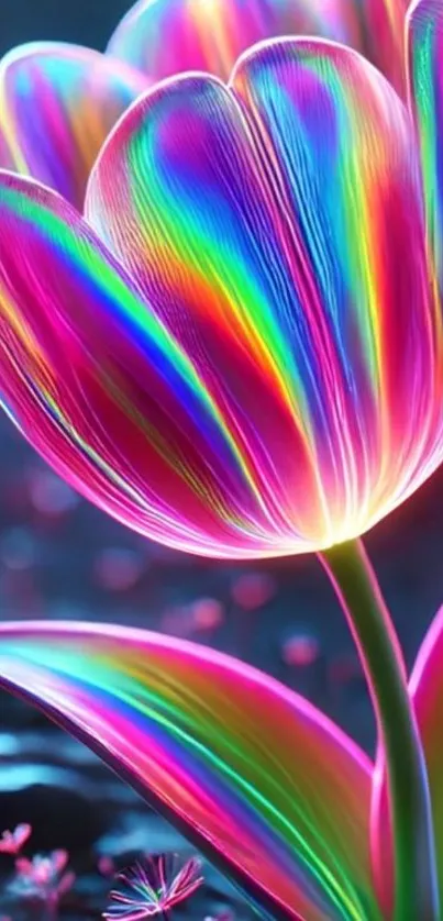 Neon flower with vibrant rainbow colors creating a glowing effect.
