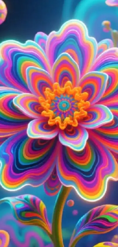 Vibrant neon flower with colorful petals in abstract design.