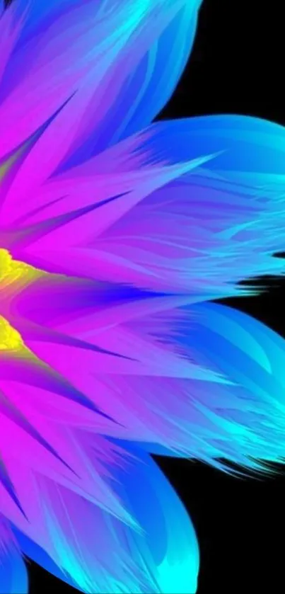 Vibrant neon flower design with bold colors on a black background.