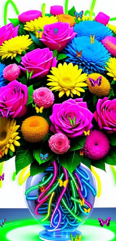 Vibrant neon flower bouquet in glowing vase wallpaper.