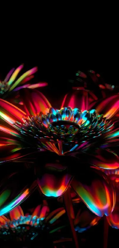 Vibrant neon flowers on a black background, perfect as a mobile wallpaper.