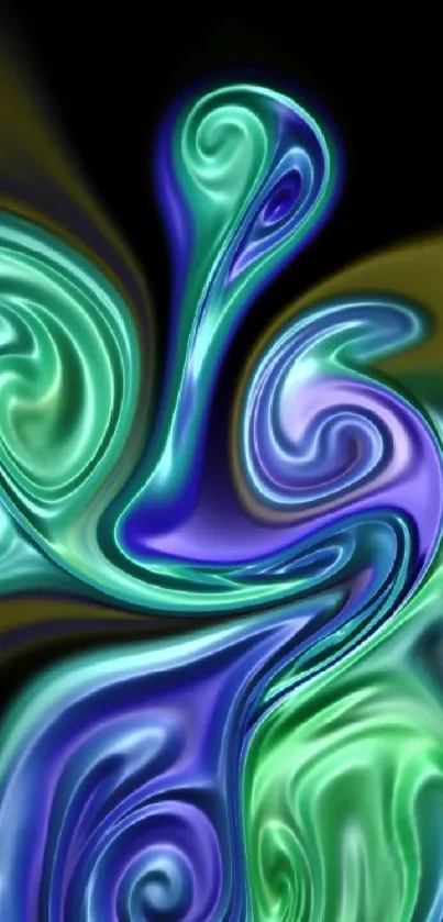 Abstract swirl design in green, blue, and purple on a black background.