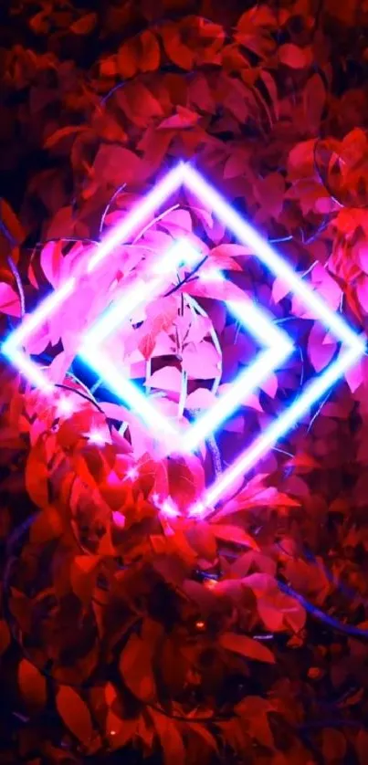 Neon geometric shape with glowing red foliage backdrop.