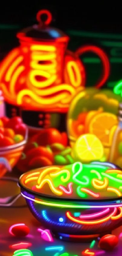 Vibrant neon food wallpaper with colorful bowls and glowing fruits.