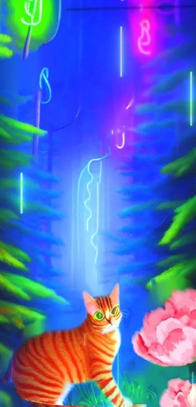 Neon forest with an orange cat and pink flowers in vibrant colors.