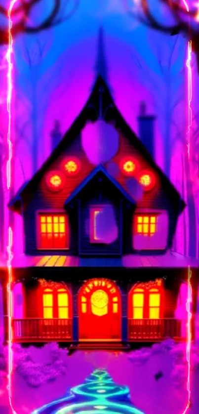 Vibrant neon house in a mystical forest setting, perfect for a mobile wallpaper.