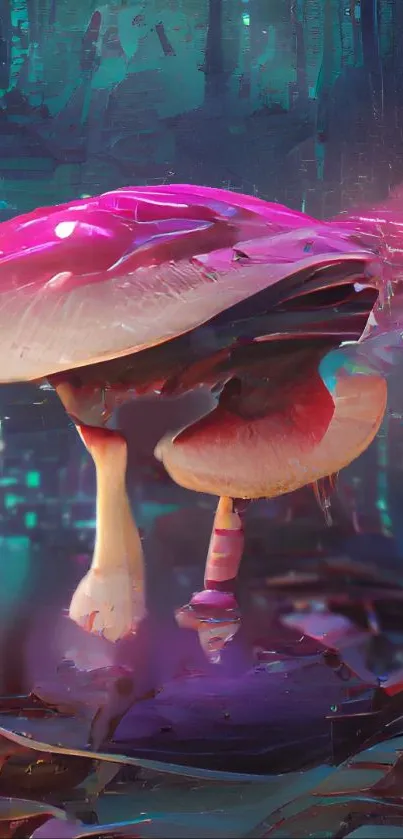 Vibrant neon mushrooms in a digital forest scene.