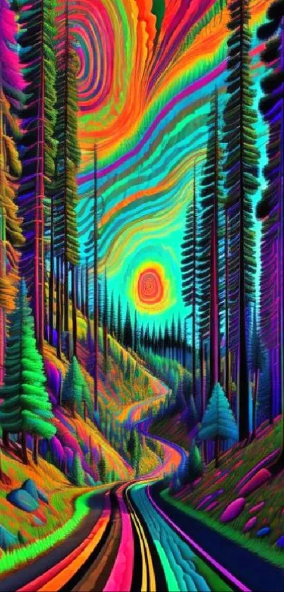 Psychedelic neon forest wallpaper with vibrant colors and towering trees.