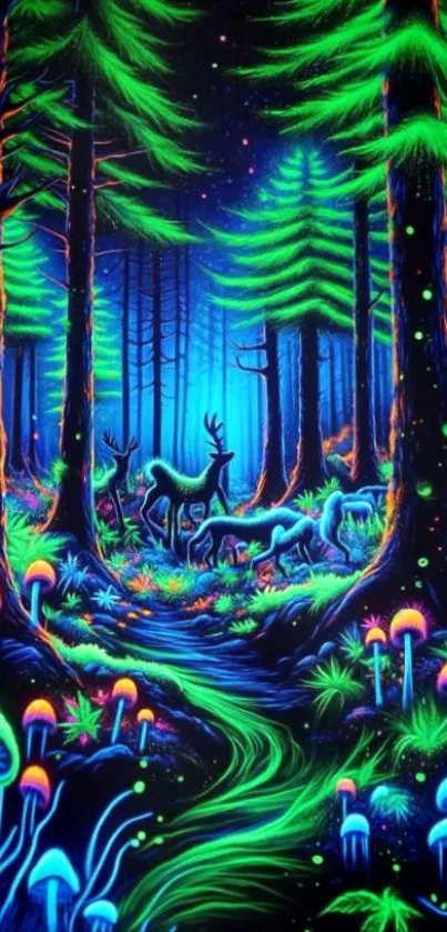 Vibrant neon forest wallpaper with glowing plants and animals.