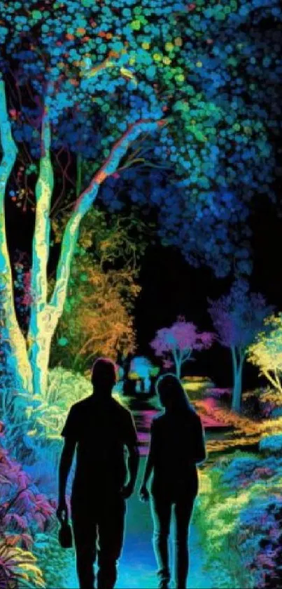 Silhouetted people walking in a neon forest scene.