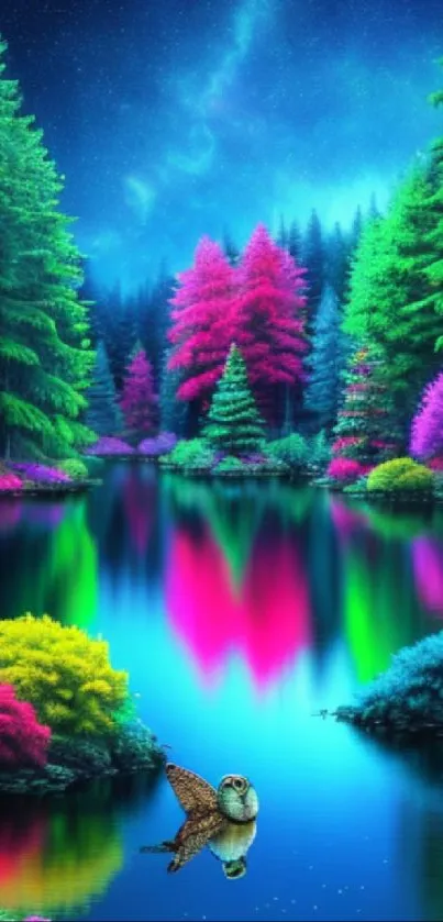 Colorful neon forest reflected on a serene lake.