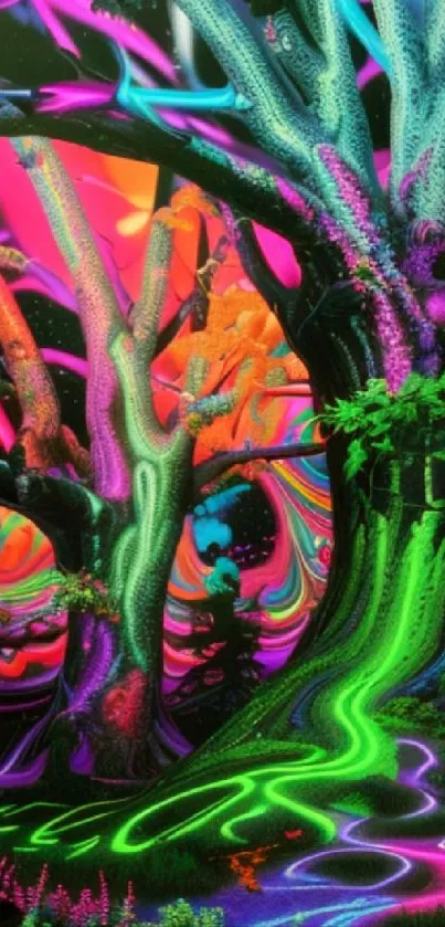 Vibrant neon forest wallpaper with glowing trees and surreal colors.