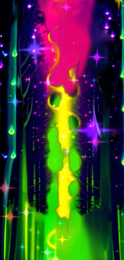 Neon forest wallpaper with vibrant colors and mystical elements.