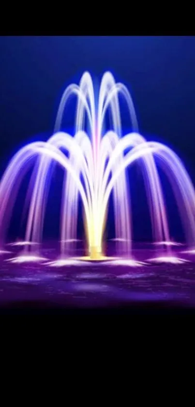 Colorful neon fountain with vibrant purple and blue glow against black background.