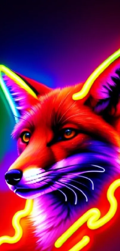 Vibrant neon fox design with glowing lines on a dark background.