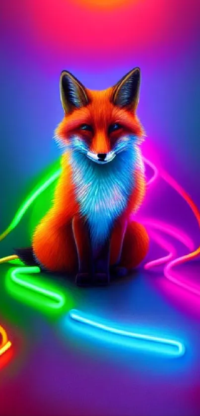 Vibrant neon fox surrounded by colorful glowing lines on a digital wallpaper.