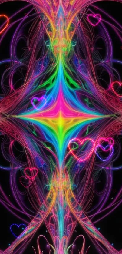 Vibrant neon fractal art with colorful heart motifs on a black background.