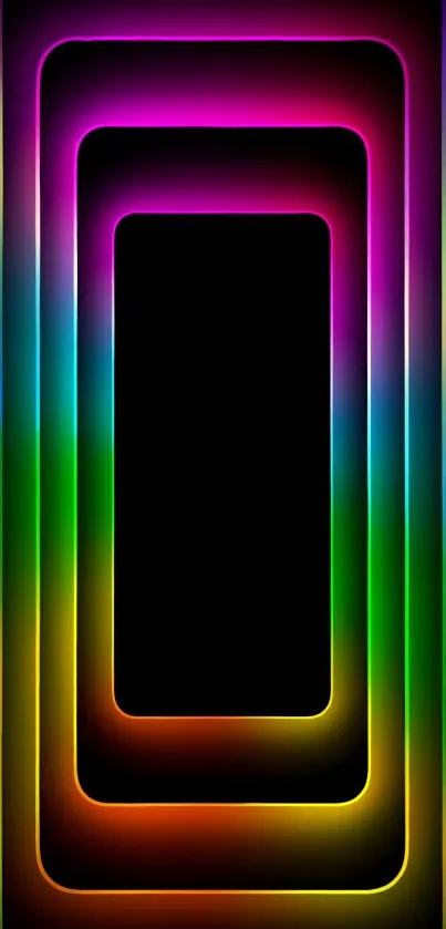 Vibrant neon geometric mobile wallpaper with black center and colorful frames.