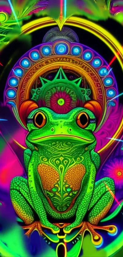 Neon frog art wallpaper with psychedelic colors and intricate design.