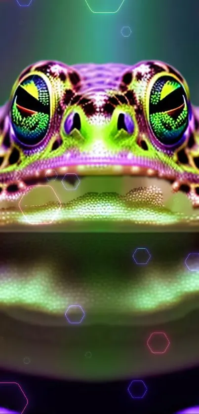 Vibrant neon frog with colorful glowing patterns in digital art style.